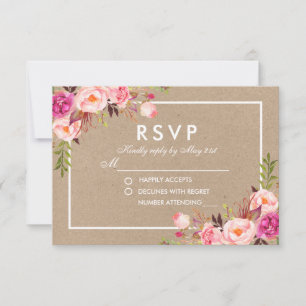 クラフトピンク赤面ウォーター色フローラRSVP 結婚's 出欠カード
