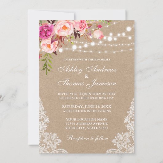 クラフトピンク赤面フローラライツレースウェディング招待 (正面)