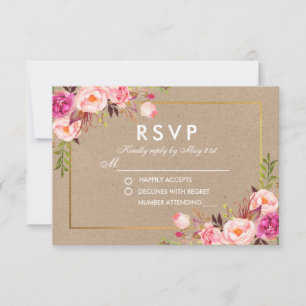クラフトピンク赤面フローラ金ゴールドRSVP結婚ズカード 出欠カード