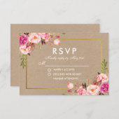 クラフトピンク赤面フローラ金ゴールドRSVP結婚ズカード 出欠カード (正面/裏面)