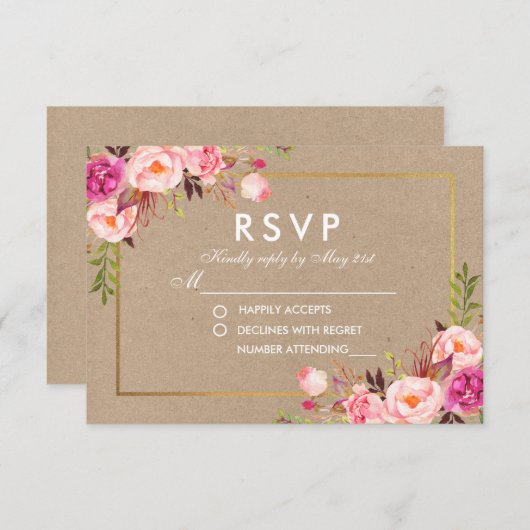 クラフトピンク赤面フローラ金ゴールドRSVP結婚ズカード 出欠カード (正面/裏面)