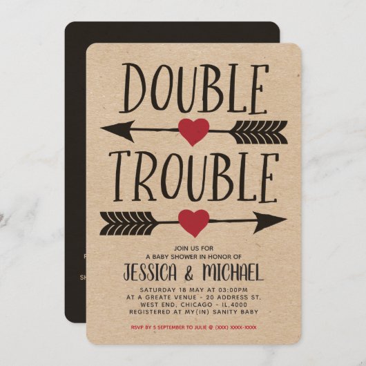 クラフトフェイクダブルトラブルツインベビーシャワー 招待状 (正面/裏面)
