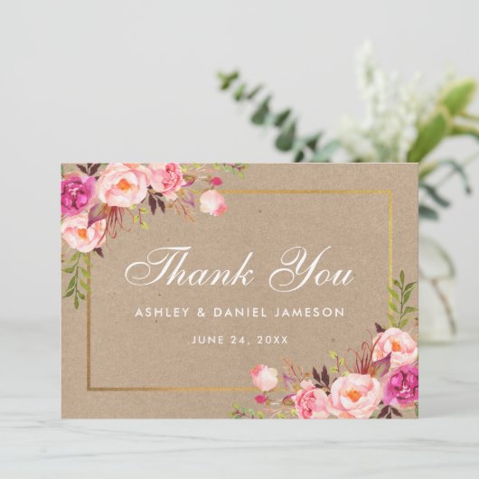 クラフトフローラピンク赤面結婚金ゴールドの感謝していカード サンキューカード (スタンド正面)