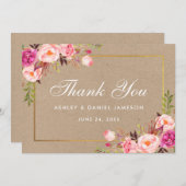 クラフトフローラピンク赤面結婚金ゴールドの感謝していカード サンキューカード (正面/裏面)
