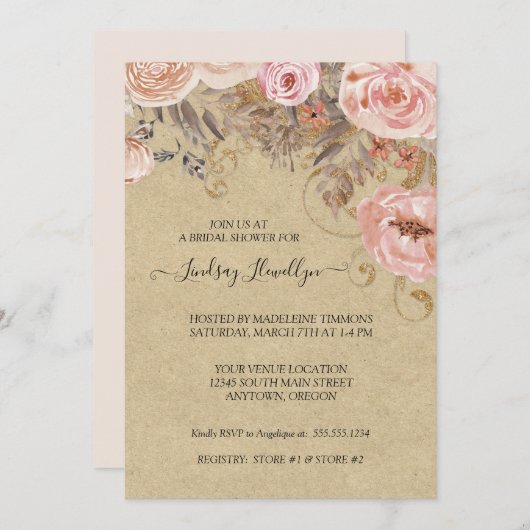 クラフトフローラボホピーチバラ金ゴールドブライダルシャワー 招待状 (正面/裏面)