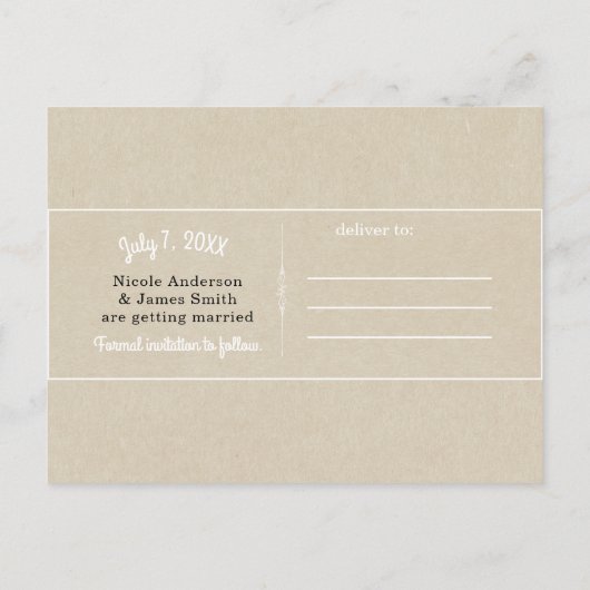 クラフトブラウンシック素朴ウェディング日付を保存 案内ポストカード (裏面)