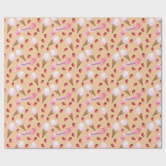 クラフトブラウンパーソナライズされたストロベリーアイスクリームコーン ラッピングペーパー (フラット)