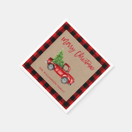 クラフトブラシスクリプトプレイドクリスマスヴィンテージトラック スタンダードカクテルナプキン (角)