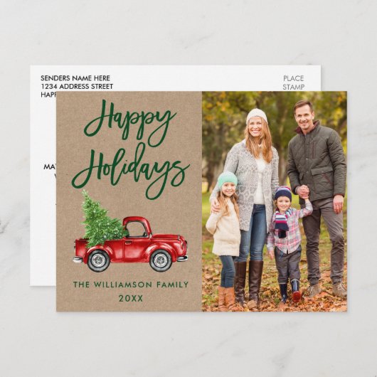 クラフトブラシスクリプトヴィンテージトラックフォトホリデー ポストカード (正面/裏面)