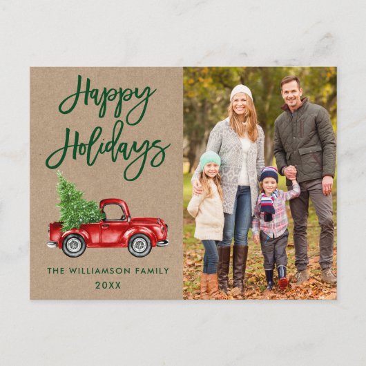 クラフトブラシスクリプトヴィンテージトラックフォトホリデー ポストカード (正面)
