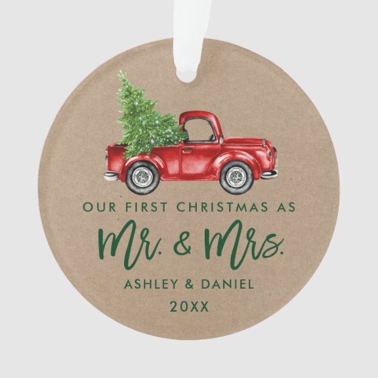 クラフトブラシスクリプト初めてのクリスマスヴィンテージトラック オーナメント (正面)