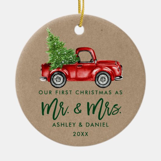 クラフトブラシスクリプト初めてのクリスマスヴィンテージトラック セラミックオーナメント (正面)