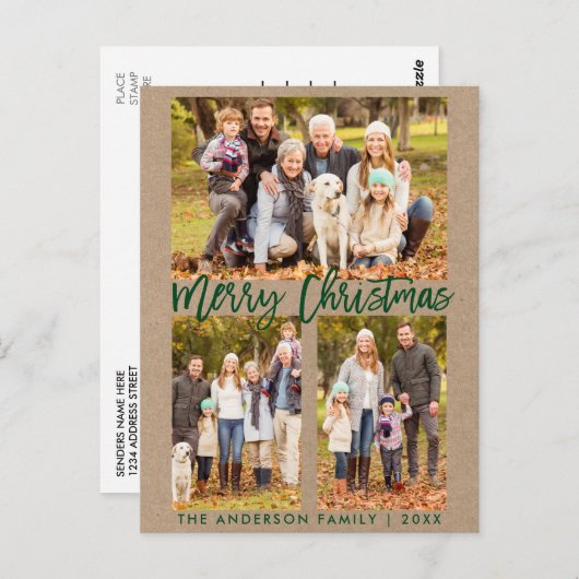 クラフトブラシ台本ファミリー3フォトメリークリスマス ポストカード (正面/裏面)