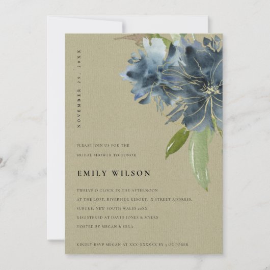 クラフトブルーグリーン金ゴールドフローラブライダルシャワー招待状 サンキューカード (正面)