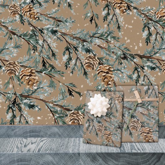 クラフトブルー素朴ジュニパーツリーブランチとコーン ラッピングペーパーシート