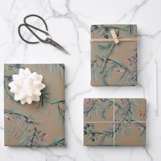 クラフトブルー素朴スプルース針&ベリー ラッピングペーパーシート (正面)