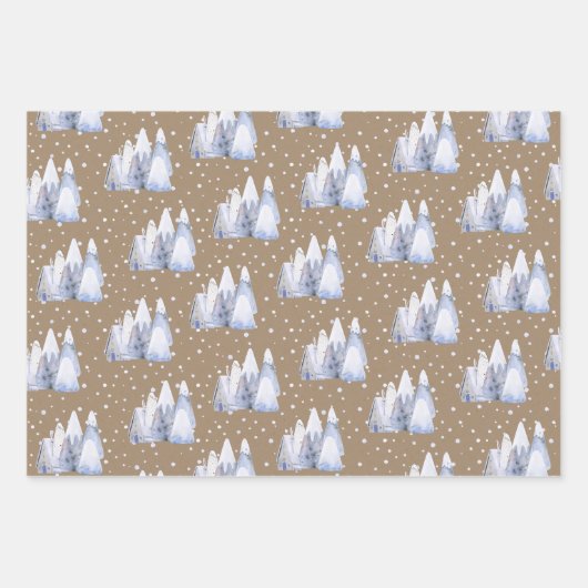クラフトブルー素朴ホワイトスノーウィースキシャレーマウンテンズ ラッピングペーパーシート (正面2)