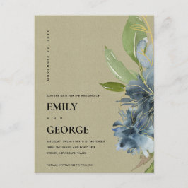 クラフトブルー金ゴールドフローラ水の色の保存日付 案内ポストカード