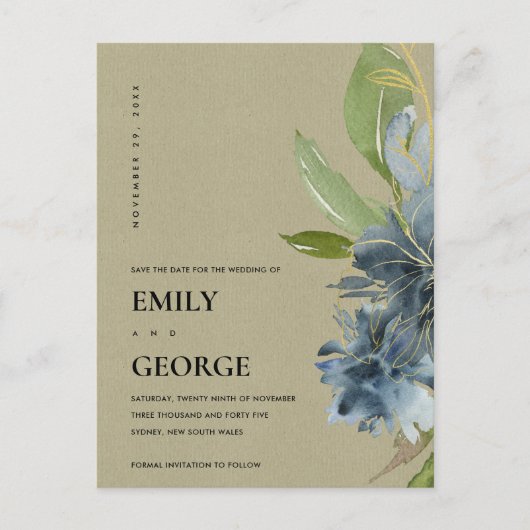 クラフトブルー金ゴールドフローラ水の色の保存日付 案内ポストカード (正面)