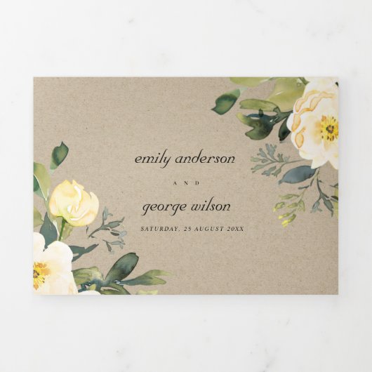 クラフトホワイトイエロー牡丹フローラ水色結婚の 三つ折り招待状 (カバー)