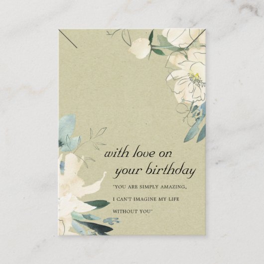 クラフトホワイトフローラ誕生日ネックレス表示カード プレイスカード (正面)