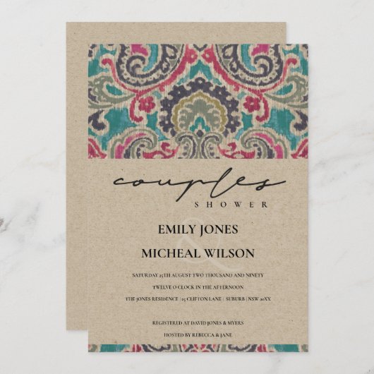 クラフトボホトバルイカットピンクカップルのシャワー招待状 サンキューカード (正面/裏面)