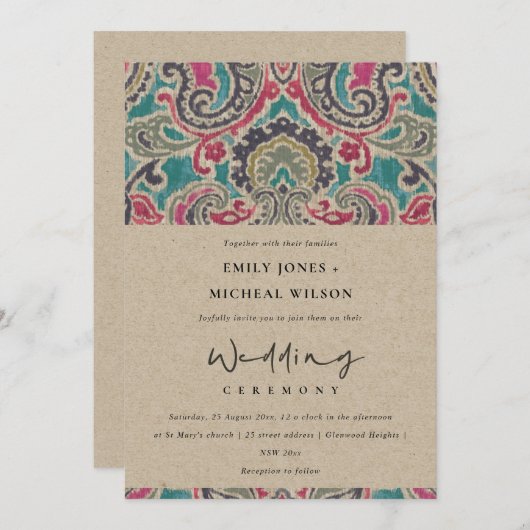 クラフトボホトバルイカットピンクティール（緑がかった色）結婚式の招待 サンキューカード (正面/裏面)