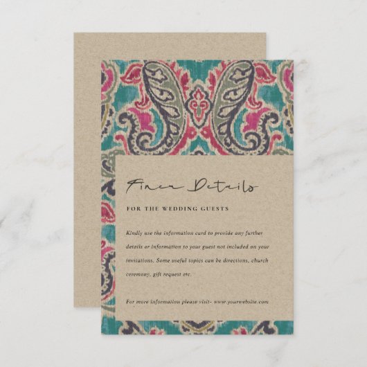 クラフトボホトバルイカットピンクティール（緑がかった色）結婚詳細E エンクロージャーカード (正面/裏面)