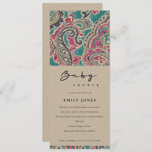 クラフトボホ部族イカットパターンピンク赤ちゃんシャワー 招待状 (正面/裏面)