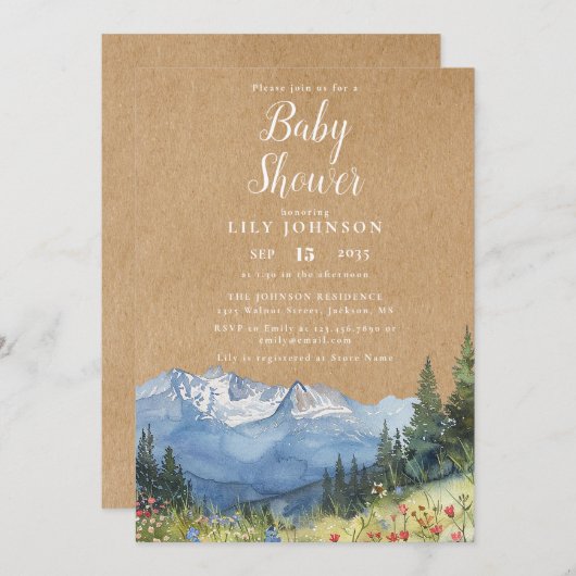 クラフトマウン素朴トワイルドフラワーベビーシャワー 招待状 (正面/裏面)