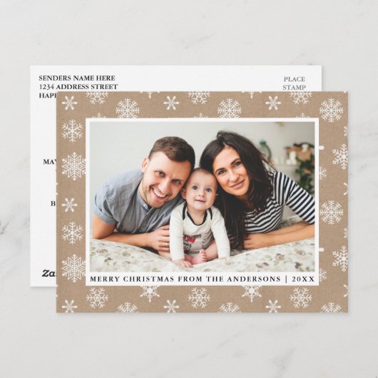 クラフトメリークリスマスファミリー写真の雪片 ポストカード (正面/裏面)