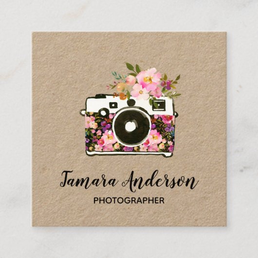 クラフトモダンなピンクの花のカメラのカメラマン スクエア名刺 (正面)