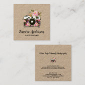 クラフトモダンなピンクの花のカメラのカメラマン スクエア名刺 (正面/裏面)