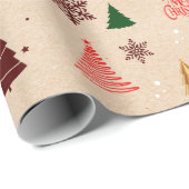 クラフトモダンクリスマスツリーと雪片ギフト ラッピングペーパー (ロールコーナー)
