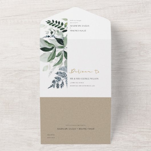 クラフトモダングリーンの葉の多い熱帯結婚の葉 オールインワン招待状 (外側)