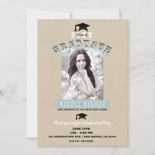 クラフトモダンブルーミニマルフォト卒業パーティー 招待状 (正面)