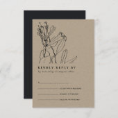 クラフトモダンラインスケッチフローラウェディングRSVP エンクロージャーカード (正面/裏面)