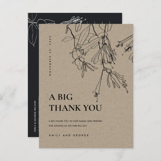 クラフトモダンラインスケッチフローラ結婚有難うござう 案内ポストカード (正面/裏面)