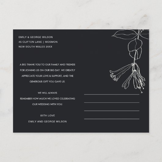 クラフトモダンラインスケッチフローラ結婚有難うござう 案内ポストカード (裏面)
