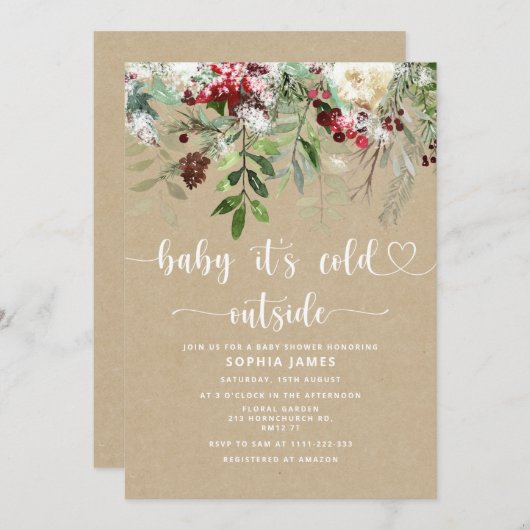 クラフトルックエバーグリーンベビー外は寒い 招待状 (正面/裏面)