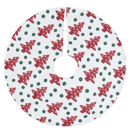 クラフトレッドクリスマスツリーとボタンパターン ブラッシュドポリエステルツリースカート (正面)