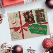 クラフトレッドグリーンギフトボウフォトメリークリスマス シーズンカード