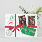 クラフトレッドグリーンギフトボウフォトメリークリスマス シーズンカード (スタンド正面)