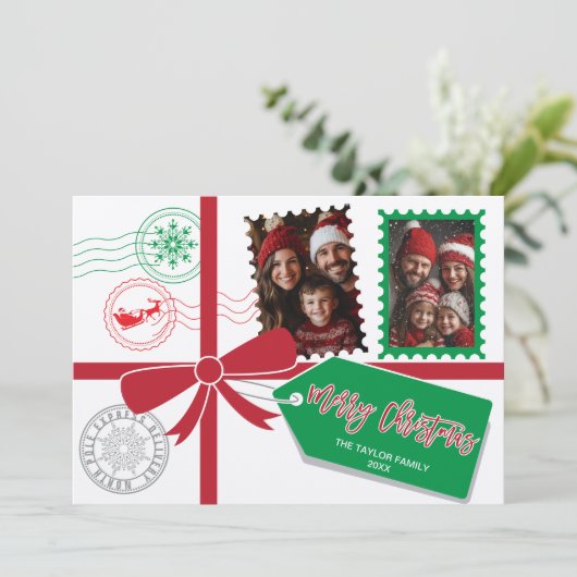 クラフトレッドグリーンギフトボウフォトメリークリスマス シーズンカード (スタンド正面)