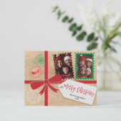 クラフトレッドグリーンギフトボウフォトメリークリスマス シーズンポストカード (スタンド正面)