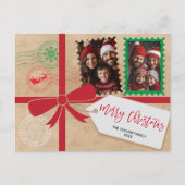 クラフトレッドグリーンギフトボウフォトメリークリスマス シーズンポストカード (正面)