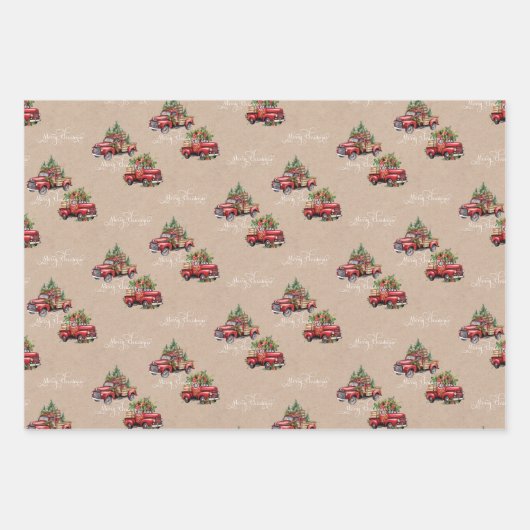 クラフトレッドトラッククリスマスツリーメリークリスマス ラッピングペーパーシート (正面2)