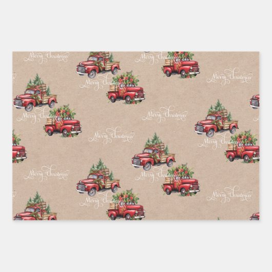 クラフトレッドトラッククリスマスツリーメリークリスマス ラッピングペーパーシート (正面)