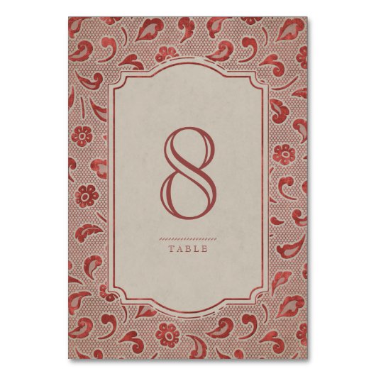 クラフトレッドレース素朴な田舎の結婚式のテーブルカード テーブルナンバー (正面)
