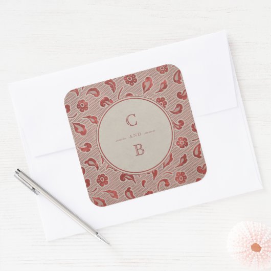 クラフトレッドレース素朴な田舎の結婚式のモノグラム スクエアシール (封筒)